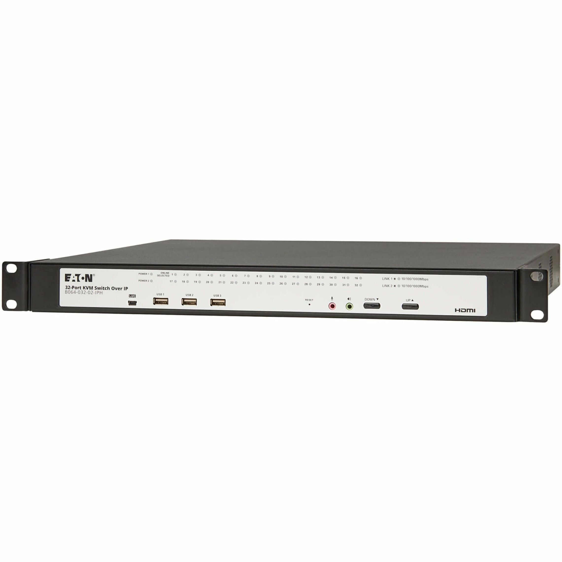 Eaton 32-Port Cat5e KVM over IP Switch, Virtual Media, 2 Remote/1 Local User, HDMI Output, 1U Rack-Mount, TAA