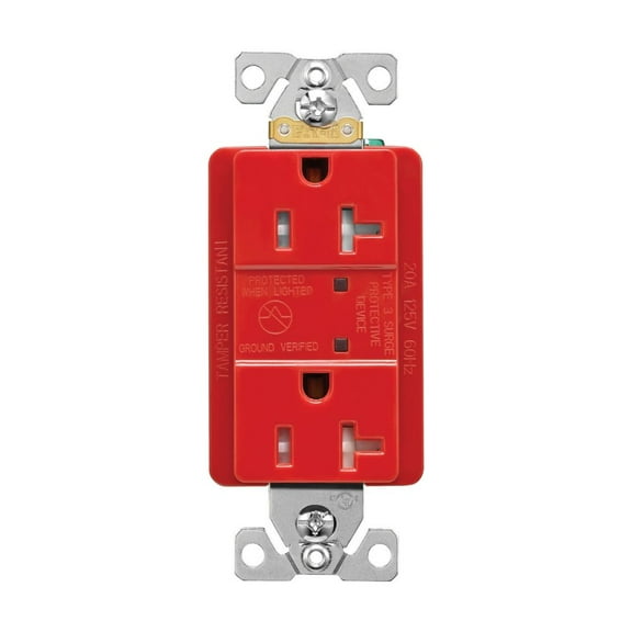 Eaton TR5360RDS Surge Protection Duplex Receptcale, TVSS, Tamper Resistant, Red, 125V, 20 Amp, with LED indicator, 2 pole, 3-Wire Grounding