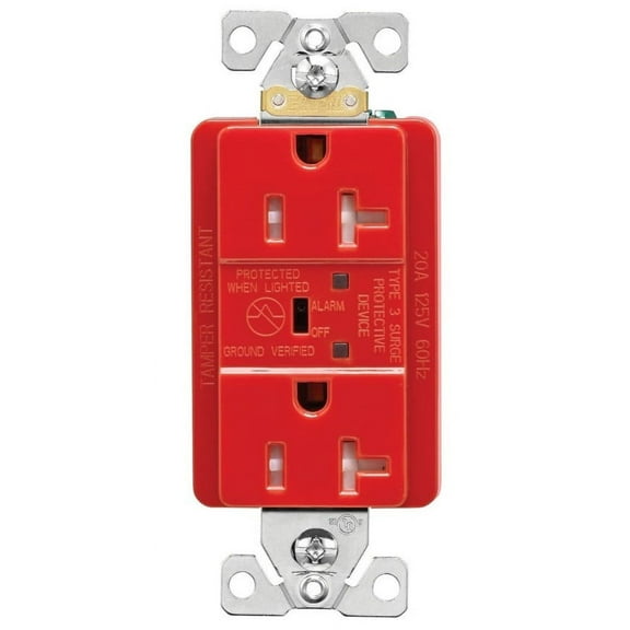 Eaton TR5362RDS Surge Protection Duplex Receptacle, TVSS, Tamper Resistant, Red, 125V, 560 Joules, Red Thermoplastic, 2 Pole, 3-Wire Grounding