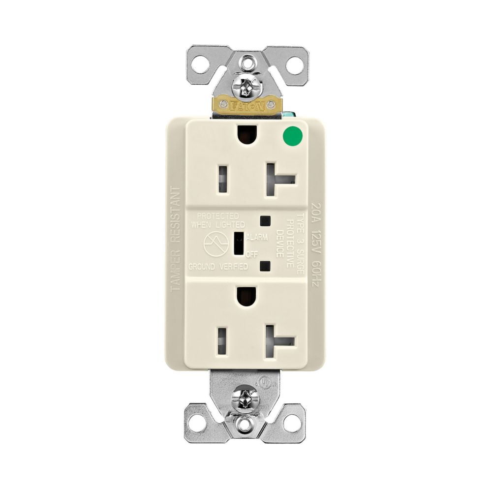 Eaton TR8362LAS 20 Amp Surge Protection receptacle, Hospital Grade, Tamper Resistant, w/ Audible alarm and LED indicators, Light Almond, 2 pole, 3-wire, grounding, 125V, Back and Side Wire