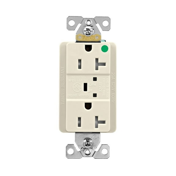 Eaton TR8362LAS 20 Amp Surge Protection receptacle, Hospital Grade, Tamper Resistant, w/ Audible alarm and LED indicators, Light Almond, 2 pole, 3-wire, grounding, 125V, Back and Side Wire