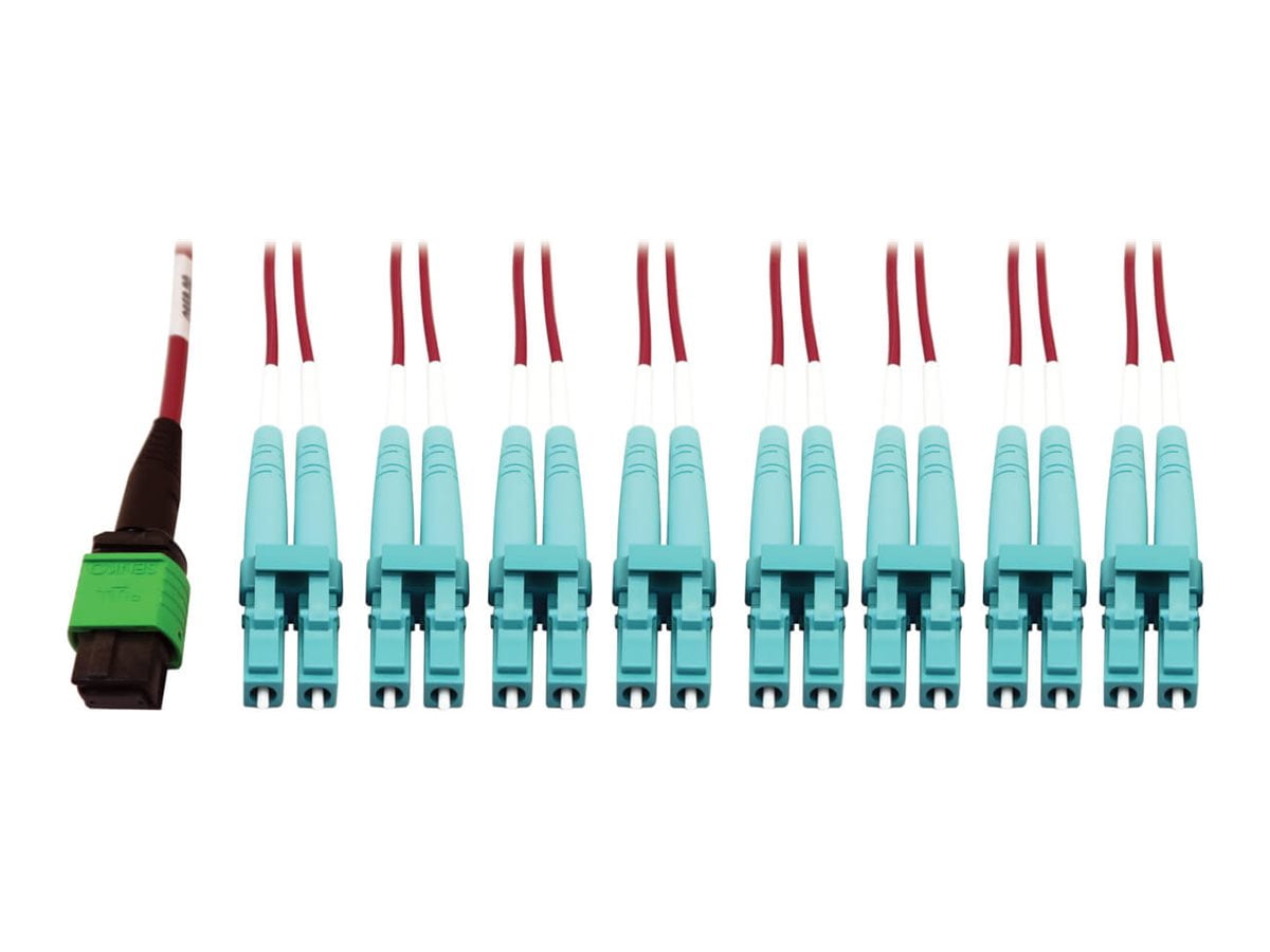 Eaton Tripp Lite Series 400G Multimode 50/125 OM4 Plenum Fiber Optic Breakout Cable, 16F MTP/MPO-APC to (x4) LC Duplex (F/M), Magenta, 5 m - Breakout cable - MTP/MPO/APC multi-mode (F) to LC multi-mode (M) - 5 m - fiber optic - duplex - 50 / 125 micron - OM4 - plenum - black, magenta, green, aqua