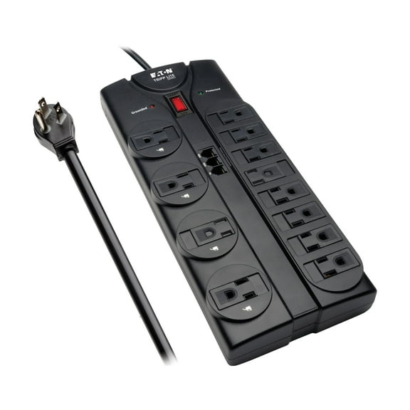 Eaton Tripp Lite TLP1208TEL Home Theater Surge Protector Power Strip, 12 Outlets, Flat Plug 8ft Extension Cord, 2160 Joules | RJ11 Port for Phone Land Line Protection