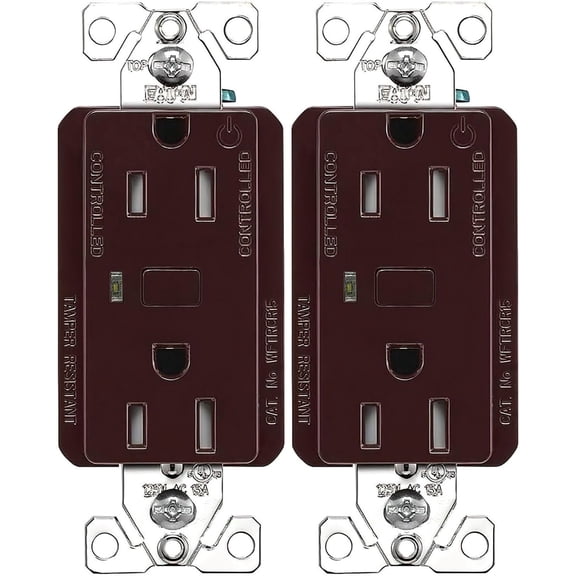 Eaton WFTRCR15-B-SP-L Wi-Fi Smart Duplex Receptacles (Pack of 2), Brown; 15A, 120V; Tamper Resistant; Back and Side Wire; Pushbutton Actuator; 2-poles; Compatible with Alexa