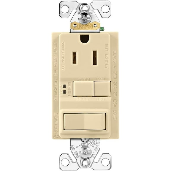 EATON Wiring GFCI Self-Test 15A -125V Receptacle with Switch with Mid-Size Wallplate, Ivory