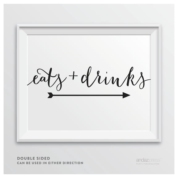 Eats + Drinks Formal Black Wedding Party Directional Signs, Double-Sided