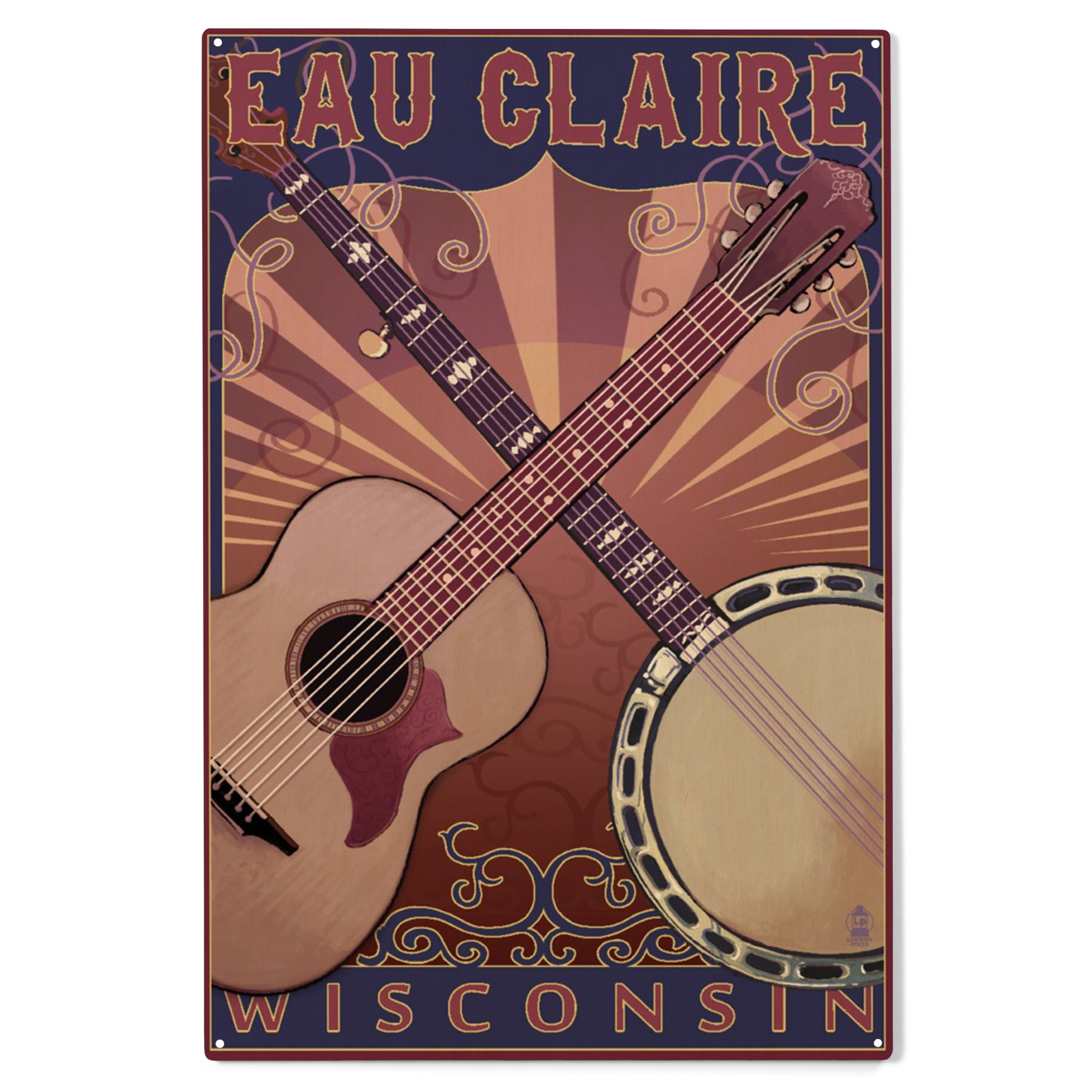 Eau Claire, Wisconsin, Guitar and Banjo Music Birch Wood Wall Sign