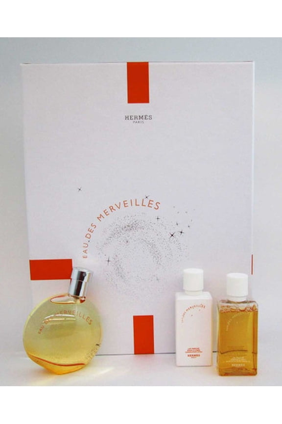 Eau Des Merveilles by Hermes Gift Set:1.6oz EDT+1.4oz B/L+1.4oz Sh/G