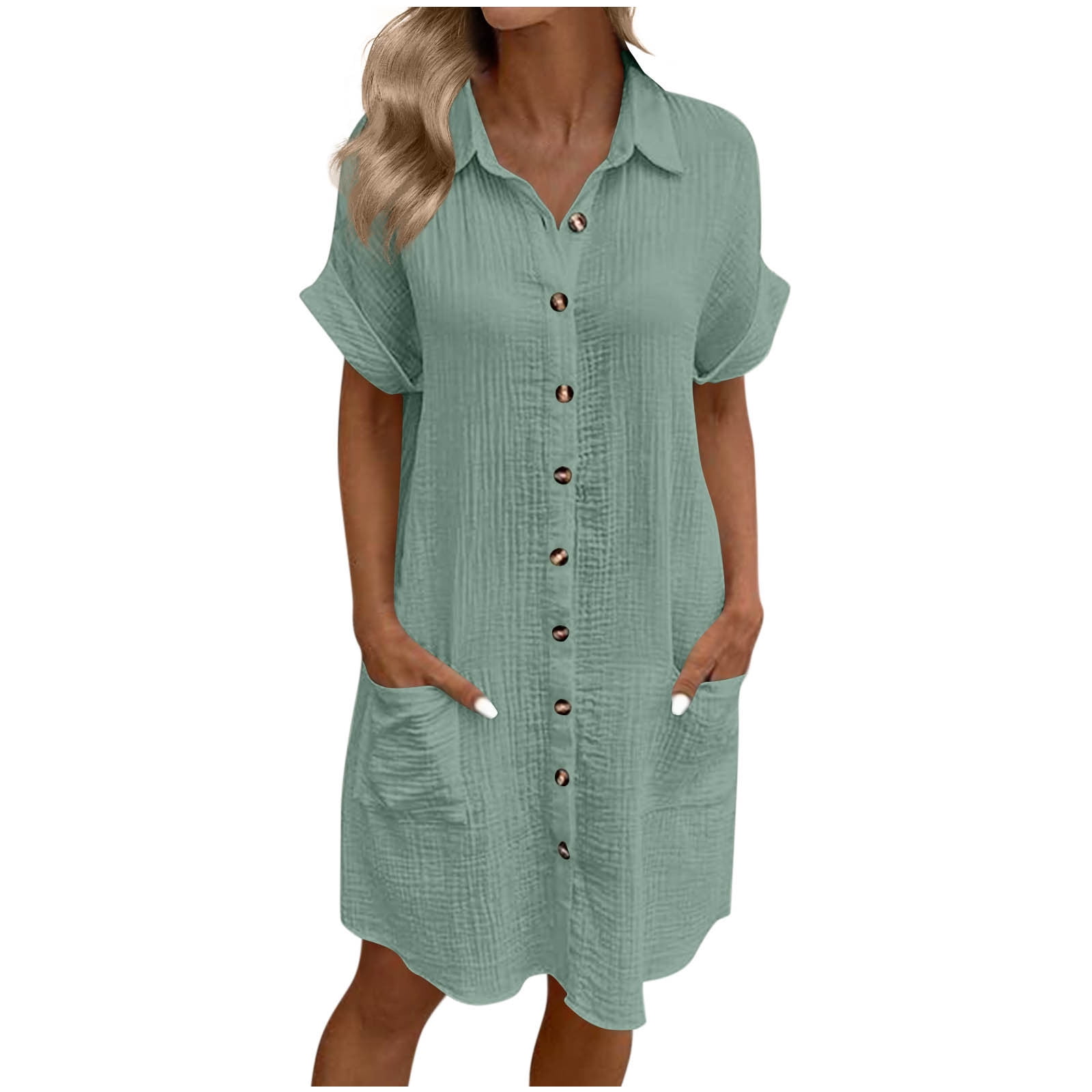 Eawtki Linen Dress Women Summer Casual Button Down Shirt Dresses Tunic Short Sleeve Midi Dress with Pockets - Walmart.com Eawtki Linen Dress Women Summer Casual Button Down Shirt Dresses Tunic Short Sleeve Midi Dress with Pockets - Walmart.com