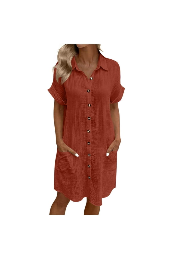 Linen Dress Women Summer Casual Button Down Shirt Dresses Tunic Short Sleeve Midi Dress with Pockets