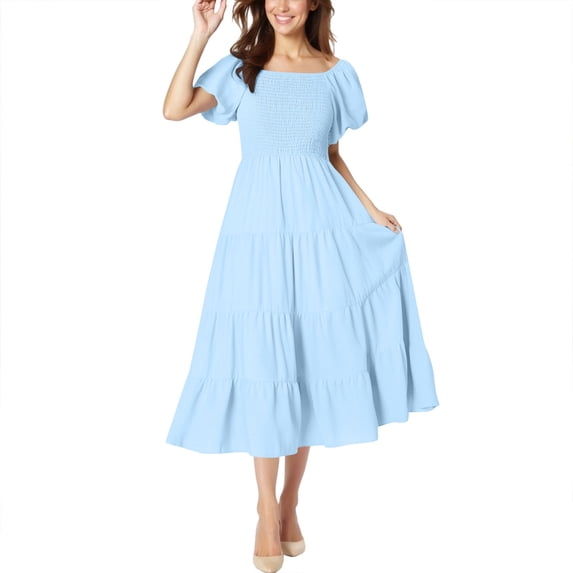 Eawtki Women's 2025 Summer Casual Midi Dress Puffy Short Sleeve Square Neck Smocked Tiered Ruffle Dresses for Women