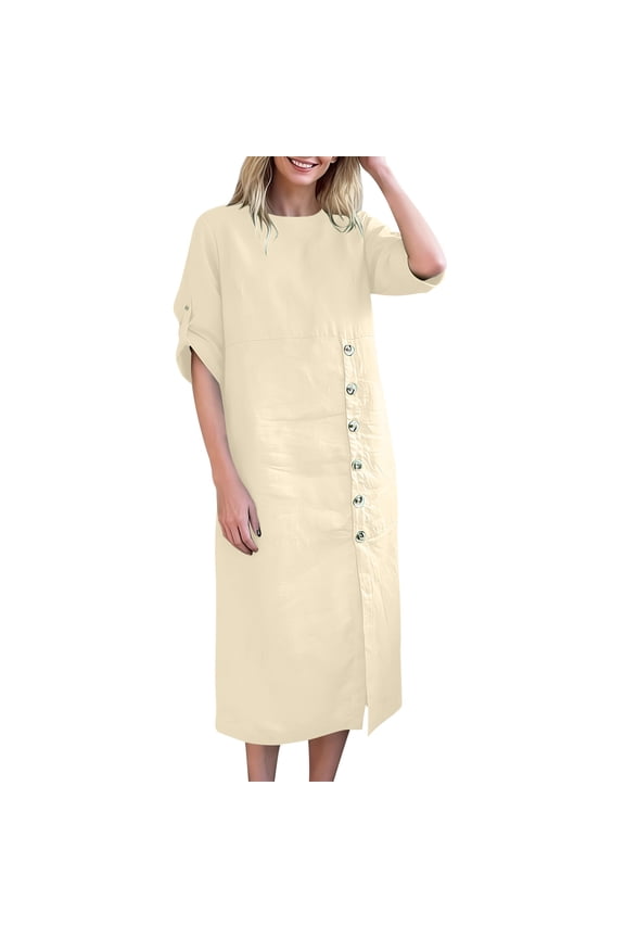 Women's Boat Neck Midi Dress with Side Button Detail Short Sleeve Casual Shift Dress with Pockets for Everyday Wear
