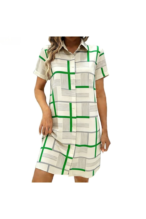 Women's Collared Shirt Dress with Short Sleeve Plaid Print Casual Shift Dress for Office & Everyday Wear