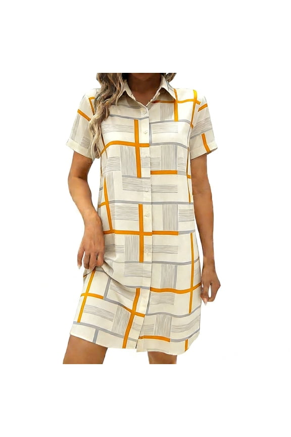 Women's Collared Shirt Dress with Short Sleeve Plaid Print Casual Shift Dress for Office & Everyday Wear