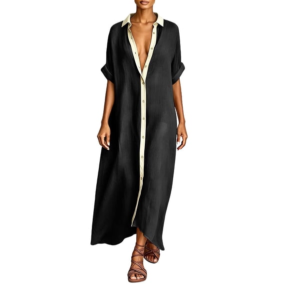 Eawtki Women's Collared Short Sleeve Maxi Dress Contrast Trim Button Front Loose Fit Casual Summer Linen Blend Shirt Dress