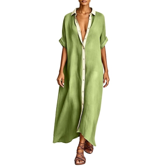 Eawtki Women's Collared Short Sleeve Maxi Dress Contrast Trim Button Front Loose Fit Casual Summer Linen Blend Shirt Dress