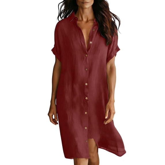 Eawtki Women's Collared Short Sleeve Midi Dress Button Front Loose Fit Casual Summer Linen Blend Shirt Dress For Women