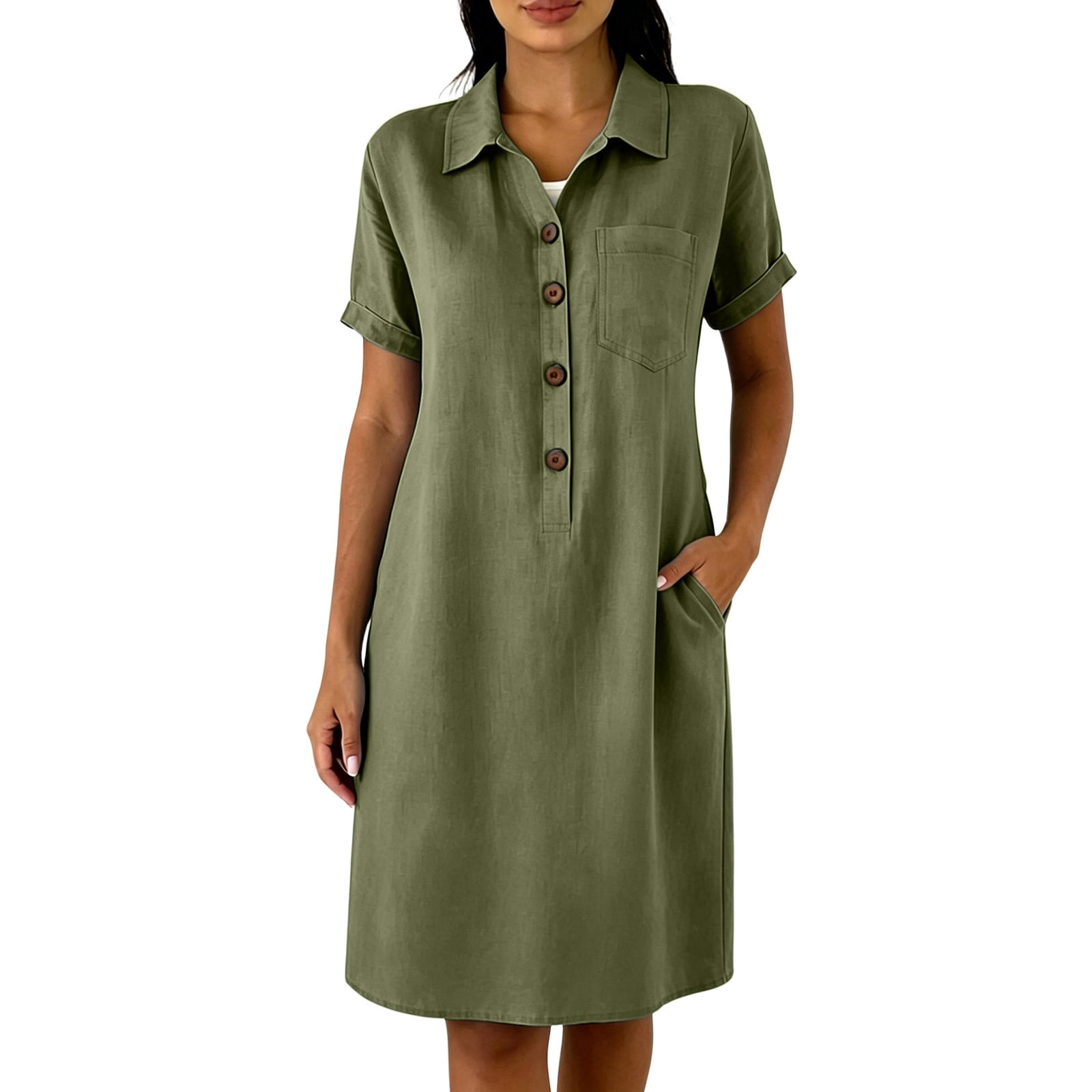 casual short sleeve midi dress Eawtki Women's Collared Half Button With Pockets Loose Fit Summer Linen Blend Shirt Dress Black and White A-Line Core Colors:Toast MDW Sale 25 White A functional drawcord waist