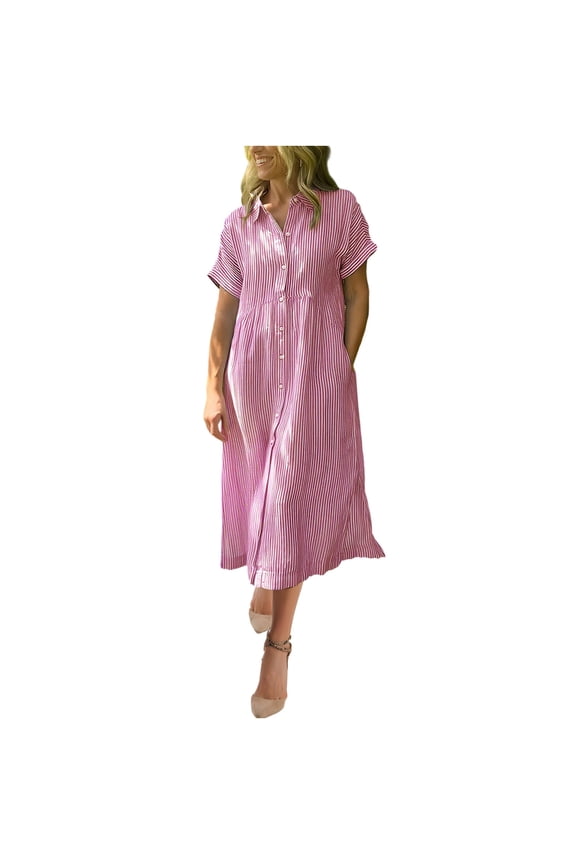 Women's Collared Short Sleeve Midi Dress Striped Pattern Button Front With Pockets Casual Linen Blend Dress