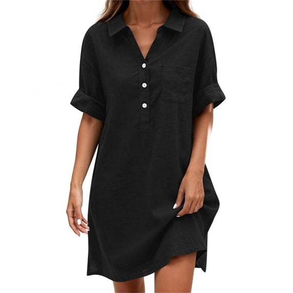 Eawtki Women's Collared Short Sleeve Mini Dress Half Button With Pocket Loose Fit Casual Summer Linen Blend Shirt Dress