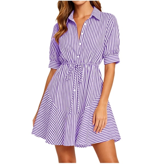 Eawtki Women's Collared Short Sleeve Mini Dress Vertical Stripes Elastic Waist Drawstring Casual Summer Shirt Dress