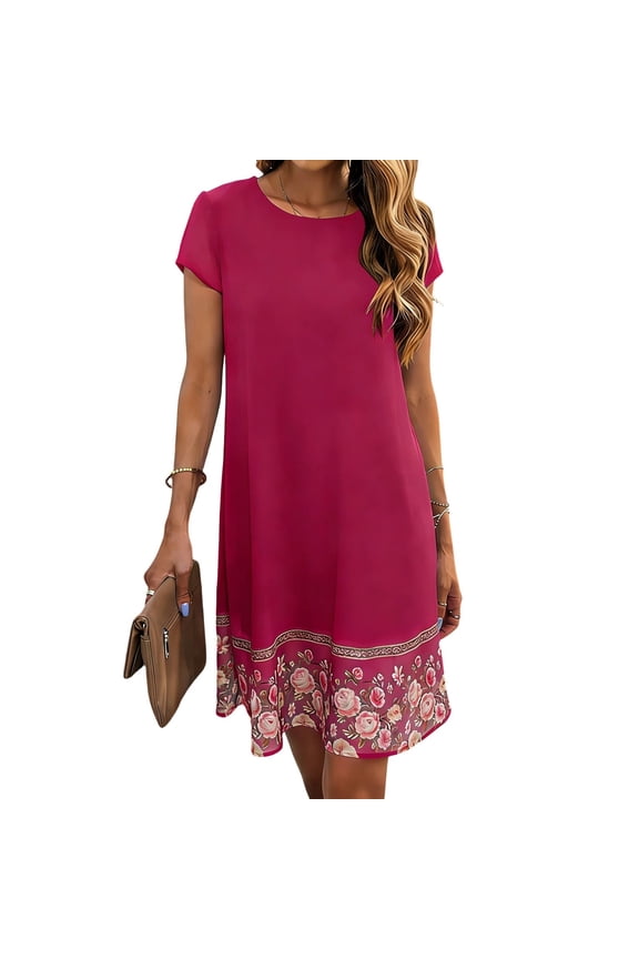 Women's Crew Neck Midi Dress with Floral Hem Detail Short Sleeve Casual Shift Dress for Everyday Summer Wear