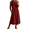 thumbnail image 1 of Eawtki Women's Crew Neck Sleeveless Midi Linen Dress Dual Layer Hem Hidden Side Pockets Straight Loose Fit Minimalist Casual Everyday Swing Dress, 1 of 7