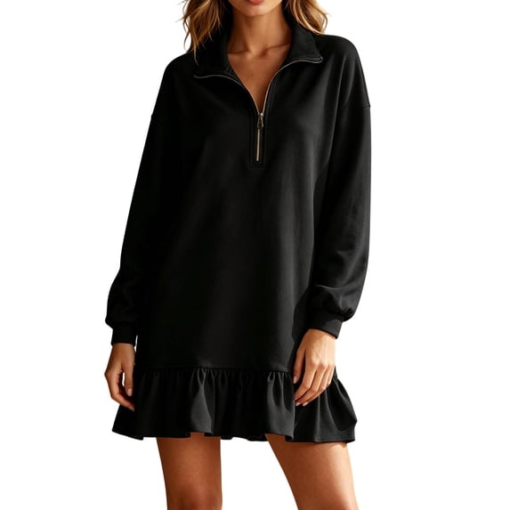 Eawtki Women's Half Zip Long Sleeve Mini Dress Ruffle Hem Loose Fit Casual Summer Sweatshirt Dress For Women