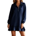 thumbnail image 1 of Eawtki Women's Half Zip Long Sleeve Mini Dress Ruffle Hem Loose Fit Casual Summer Sweatshirt Dress For Women, 1 of 6