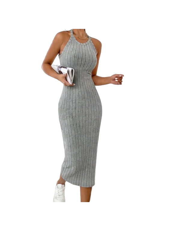 Women's Halter Neck Sleeveless Midi Dress Ribbed Knit Bodycon Casual Party Clubwear For Women