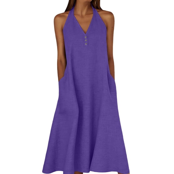 Eawtki Women's Halter Neck V Neck Midi Dress Button Decor With Pockets Loose Fit Casual Dress For Summer Beach Vacation