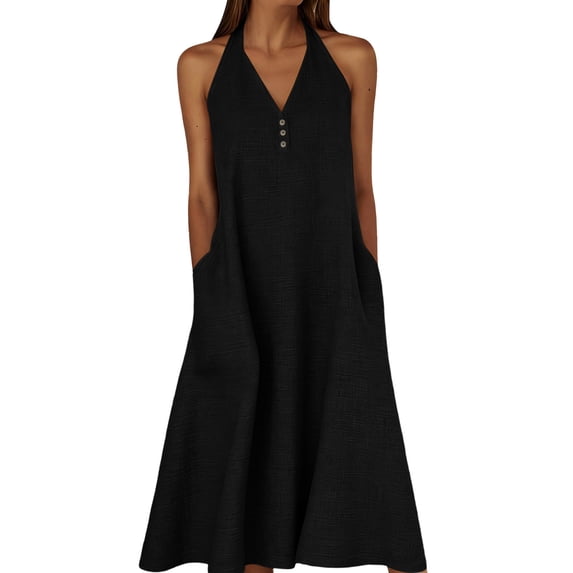 Eawtki Women's Halter Neck V Neck Midi Dress Button Decor With Pockets Loose Fit Casual Dress For Summer Beach Vacation