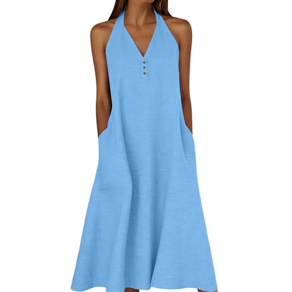 Eawtki Women's Halter Neck V Neck Midi Dress Button Decor With Pockets Loose Fit Casual Dress For Summer Beach Vacation