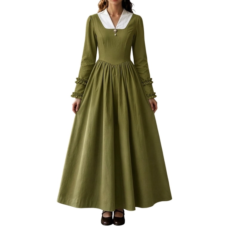 Eawtki Women's Lapel Collar Long Ruffle Sleeve Maxi Linen Blend Dress Fitted Seamed Bodice Gathered Full Flared Skirt Loose Fit Cottagecore Casual Dress