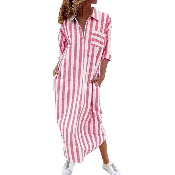 Eawtki Women's Lapel Collar Three Quarter Roll Sleeve Maxi Striped Linen Shirt Dress Half Front Zip Placket Side Patch Pockets Loose Vacation Cover Up Dress