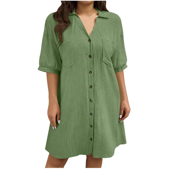 Eawtki Women's Linen Collared Half-Sleeve Button Down Shirt Dress with Pockets Casual Summer Mini Dress