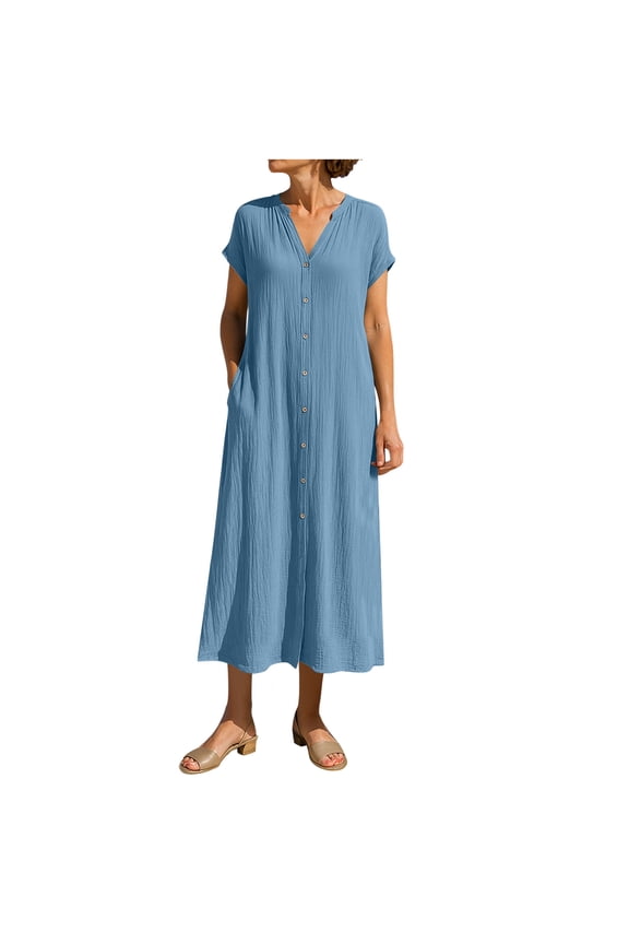 Women's Linen Short Sleeve Button Front Maxi Dress V-Neck Casual Beach Vacation Dress
