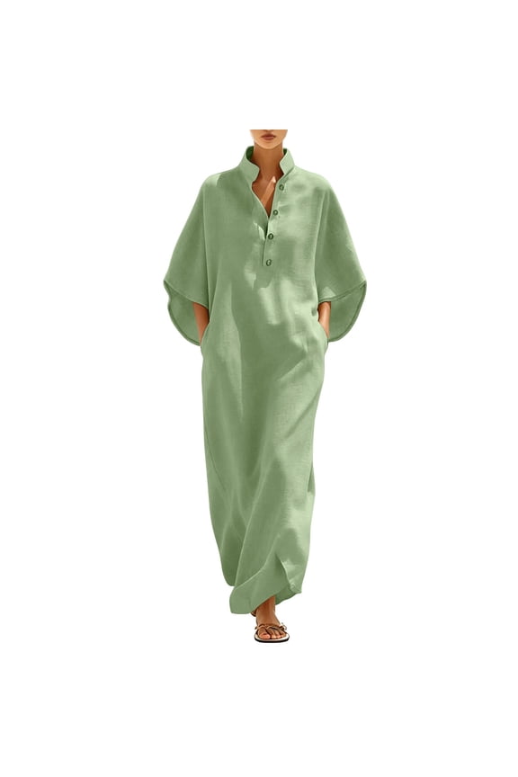 Women's Mandarin Collar Batwing Sleeve Maxi Dress Half Button With Pockets Loose Fit Casual Linen Blend Caftan Dress