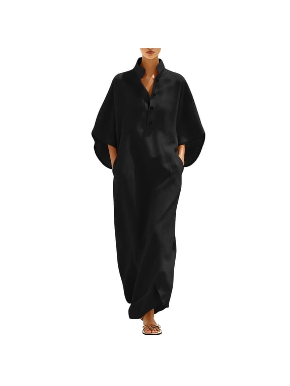 Women's Mandarin Collar Batwing Sleeve Maxi Dress Half Button With Pockets Loose Fit Casual Linen Blend Caftan Dress