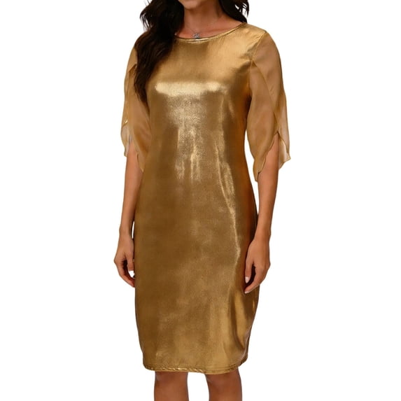 Eawtki Women's Metallic Sheath Dress with Chiffon Sleeve Round Neck Party Dress for Cocktail & Evening Events