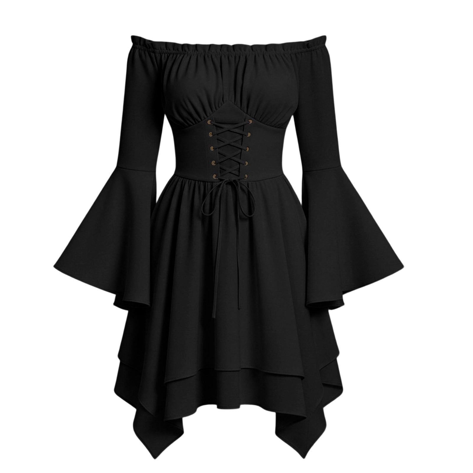 corset bell sleeve dress Eawtki Women's Off Shoulder Long Mini Crisscross Lace Up Waist Irregular Hanky Hem Loose Fit Renaissance Style Casual Dress Color:Picture Color 2 High Fashion Portrait Purple XS Guest List: The Vintage gothic lace gown