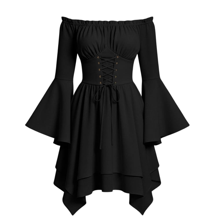 black flare sleeve mini dress Eawtki Women's Off Shoulder Long Bell Crisscross Lace Up Corset Waist Irregular Hanky Hem Loose Fit Renaissance Style Casual Dress sd_preorder