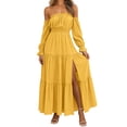 thumbnail image 1 of Eawtki Women's Off Shoulder Long Sleeve Maxi Dress Smocked Waist Tiered Ruffle Hem With Slit Casual Party Dress, 1 of 6