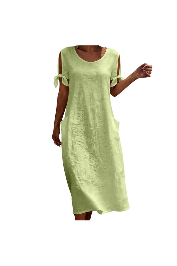 Women's Round Neck Cold Shoulder Midi Dress Tie Sleeve Detail With Pockets Loose Fit Casual Summer Dress For Daily Wear
