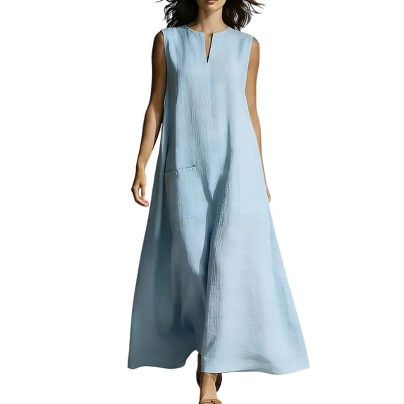 Eawtki Women's Round Neck Sleeveless Maxi Dress Notch Neck With Pockets Loose Fit Casual Linen Blend Summer Dress For Women