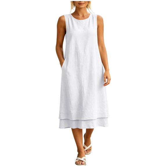 Eawtki Women's Round Neck Sleeveless Midi Dress Double Layer Hem With Pockets Loose Fit Casual Summer Linen Blend Dress