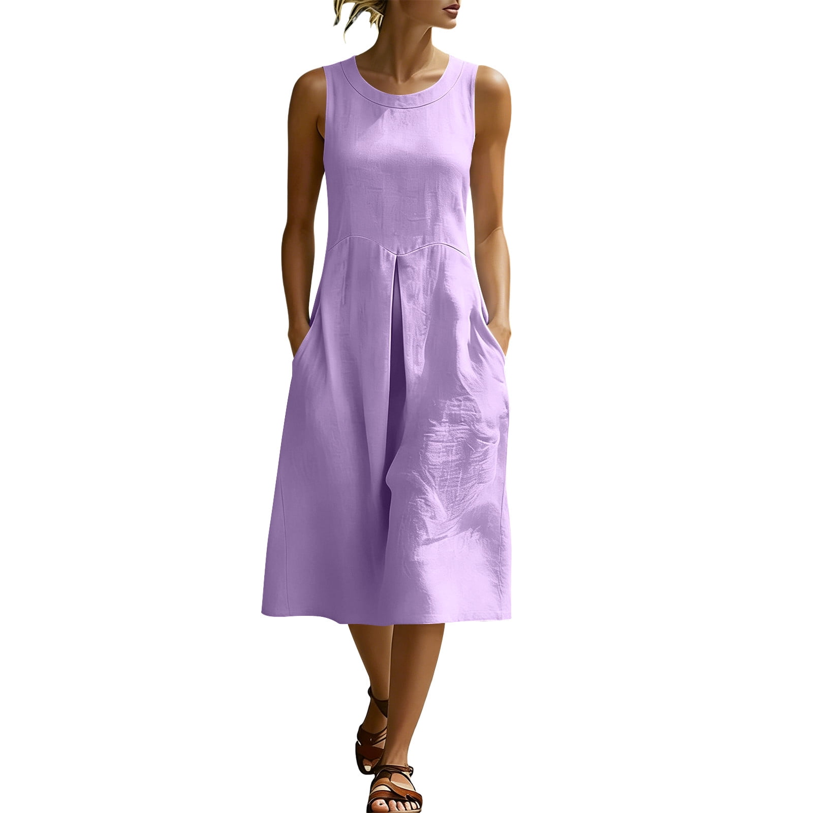 seamed linen blend midi dress Eawtki Women's Round Neck Sleeveless Midi Dress Seamed Waist With Pockets  Loose Fit Casual Summer Linen Blend Dress