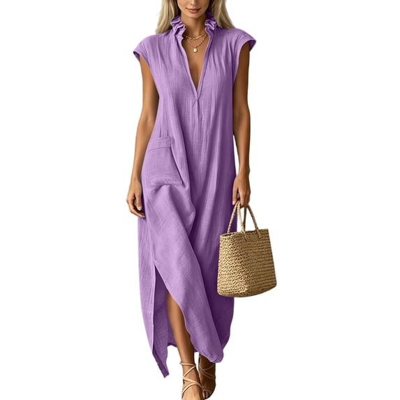 Eawtki Women's Ruffle Collar Cap Sleeve Maxi Dress Half Button With Pockets And Slit Loose Fit Casual Summer Linen Blend Dress