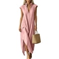 thumbnail image 1 of Eawtki Women's Ruffle Collar Cap Sleeve Maxi Dress Half Button With Pockets And Slit Loose Fit Casual Summer Linen Blend Dress, 1 of 7