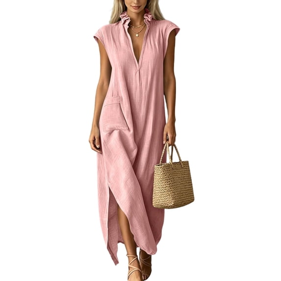 Eawtki Women's Ruffle Collar Cap Sleeve Maxi Dress Half Button With Pockets And Slit Loose Fit Casual Summer Linen Blend Dress